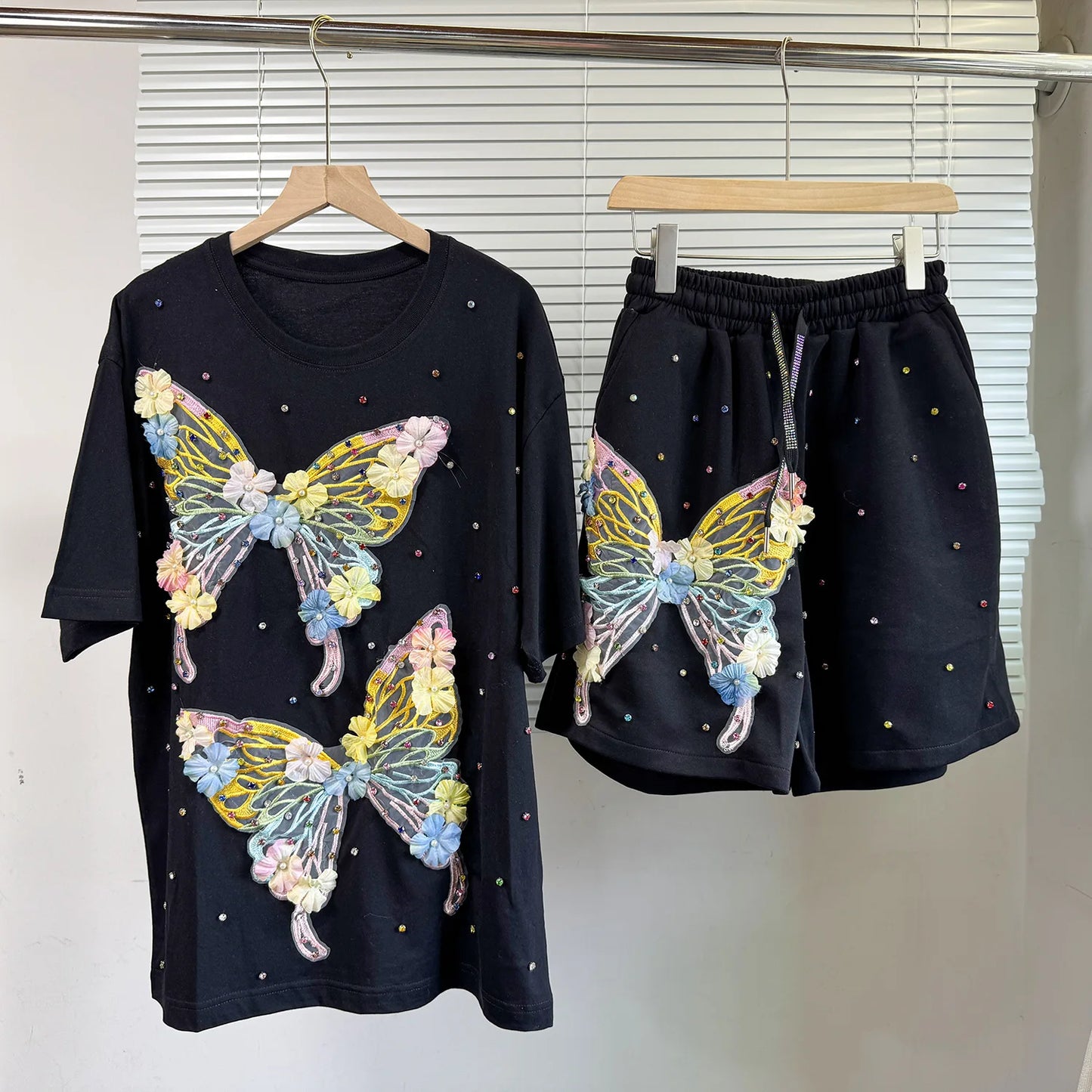 Maxy Fashion Butterfly Floral Beading Women's Set T-shirt and Shorts 2025 Summer Active Two 2 Piece Sets Outfit Tracksuit