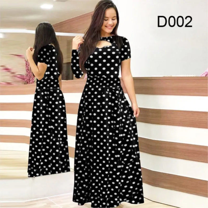 Babs Elegant Spring Women's Dress Casual Fashion Floral Print Short Sleeve Super Long Dress New Fashion Hollow Out Long Dresses