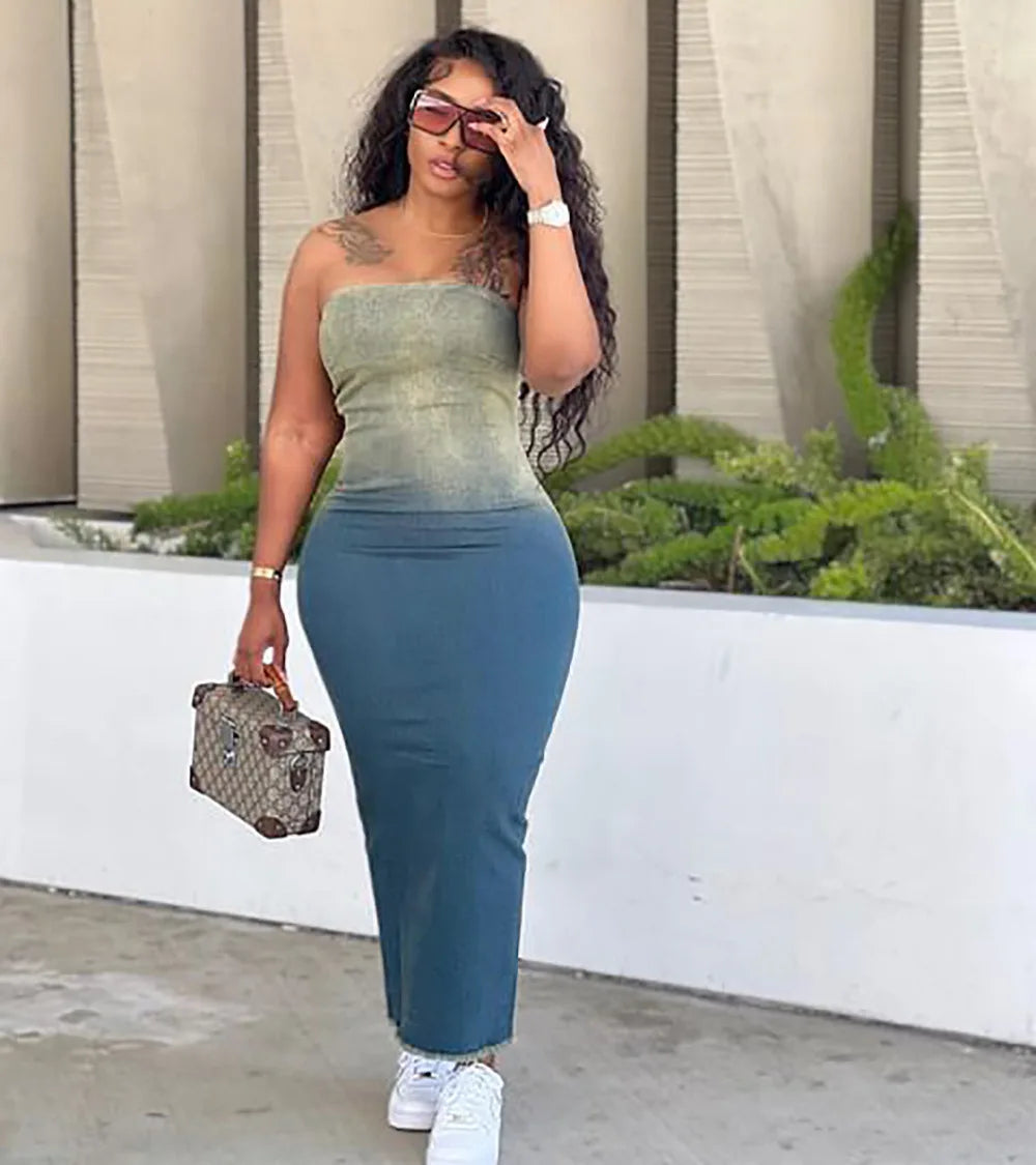 Maxy Summer Gradient Women's Denim Dress Fashion Corset Sleeveless Sexy Backless Slim Women's Slit Long Dresses Stretch Jeans