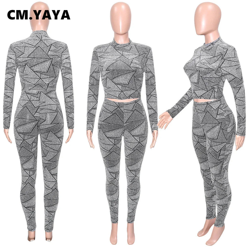 Maxy Casual Geometrical Women's Set Long Sleeve T-shirt and Legging Pants Suit Sport Fashion Two 2 Piece Set Outfit Tracksuit