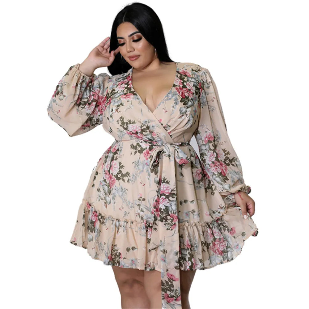 Maxy Dresses Women Plus Size 5xl Sexy Party Flower Print Mini Dress Loose Elegant Casual Outfits