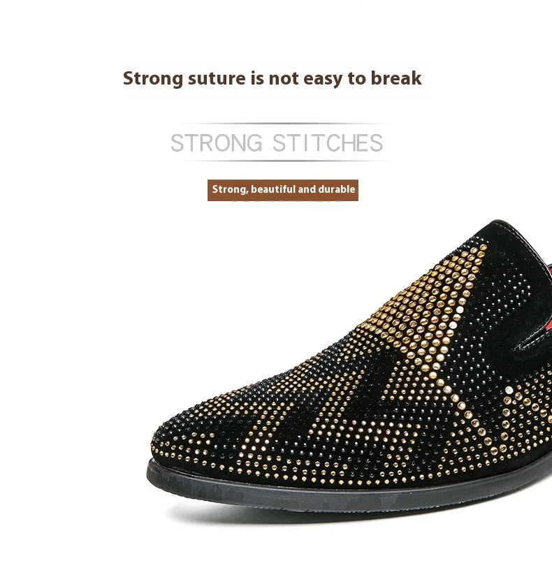 Maxy Fashion Italian handmade rhinestone leather shoes men's casual foot set slip-on leather hair stylist bean shoes fashion