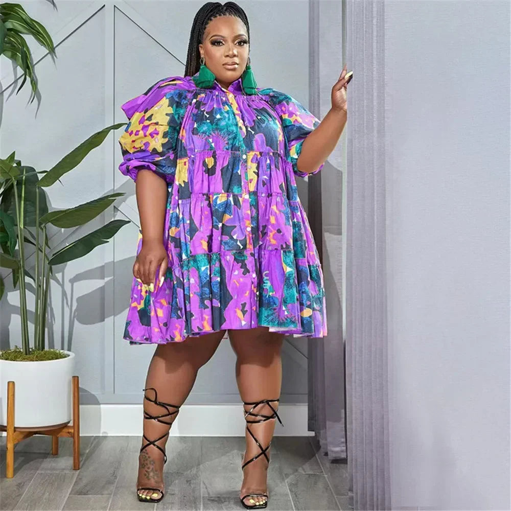 Maxy Plus Size Dresses 4xl 5xl Women's Clothing Tie Dye Loose Casual Cute Ball Gown Shirts Midi Dress