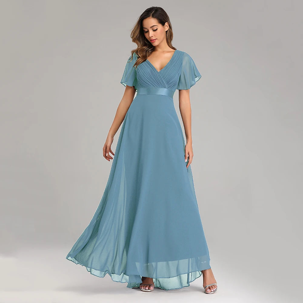 Maxy Evening Dresses XUCTHHC Elegant V-Neck Ruffles Chiffon Formal Evening Gown Robe Dress for Wedding Party
