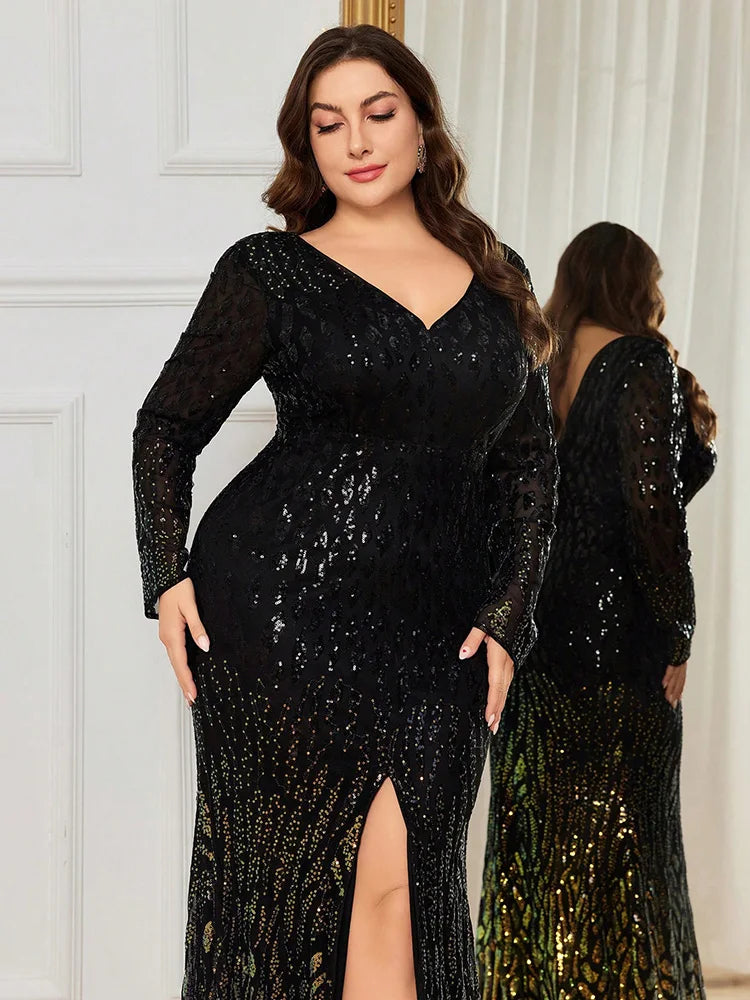 Maxy Luxury Elegant Sequin Party long Dresses Plus Size Women's V-neck Sequined Slit Evening Gown Dress(heavy Industry)