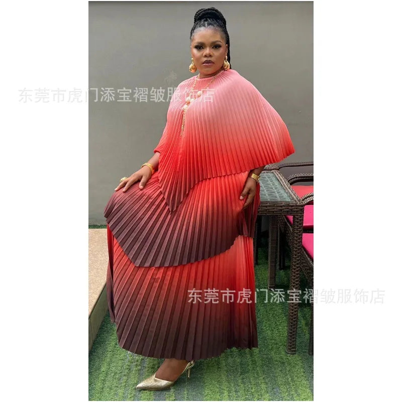 Amay Women's Dress Clothing New Gradient Sun Fold Splicing Irregular Stylish Pleated Large Women's Skirt 2 Piece Sets Women Outfit