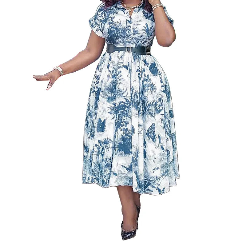 Amay Women Elegant Printed Party Dress Turn Down Collar Short Sleeve Pleated A-Line With Belt African Office Work Wear Plus Size 5XL