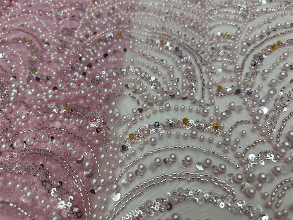 Maxy Pink Beaded Lace Fabric Luxury Sequins High Quality African Lace Fabric Embroidered Fabric Of 5 Yard 2024 Evening Party Dress