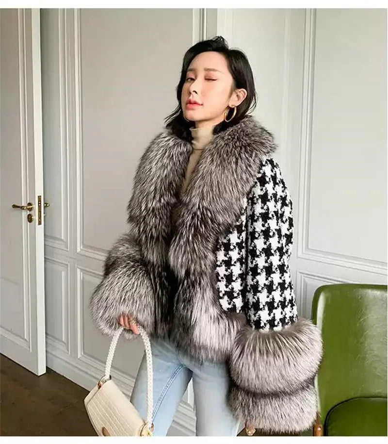 Babs Fox Fur Grass Coat Women Short Thousand Bird Grid Double Faced Fleece Collar 2024 Small Fragrant Style Imitation Fur Coat Female