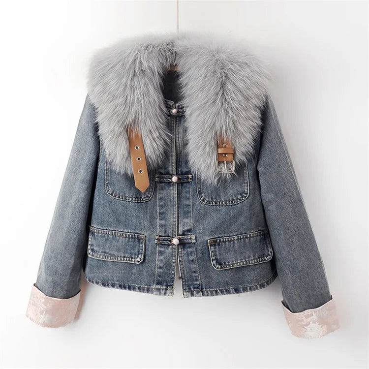 Maxy Natural Fox Fur Collar Rabbit Hair Liner Denim Jacket Women Cowboy Outwear Winter Thick Vintage Slim Short Jeans Jacket Female