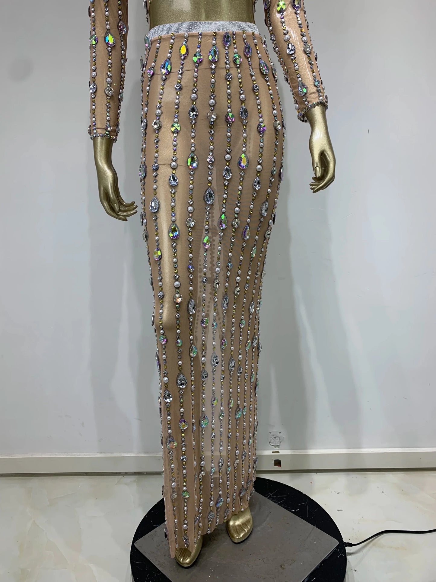 Stock Women Long Sleeve Rhinestone Sparkly Maxi Long Skirt Set Birthday Party Costume Bar Nightclub Stage Performance Clothing