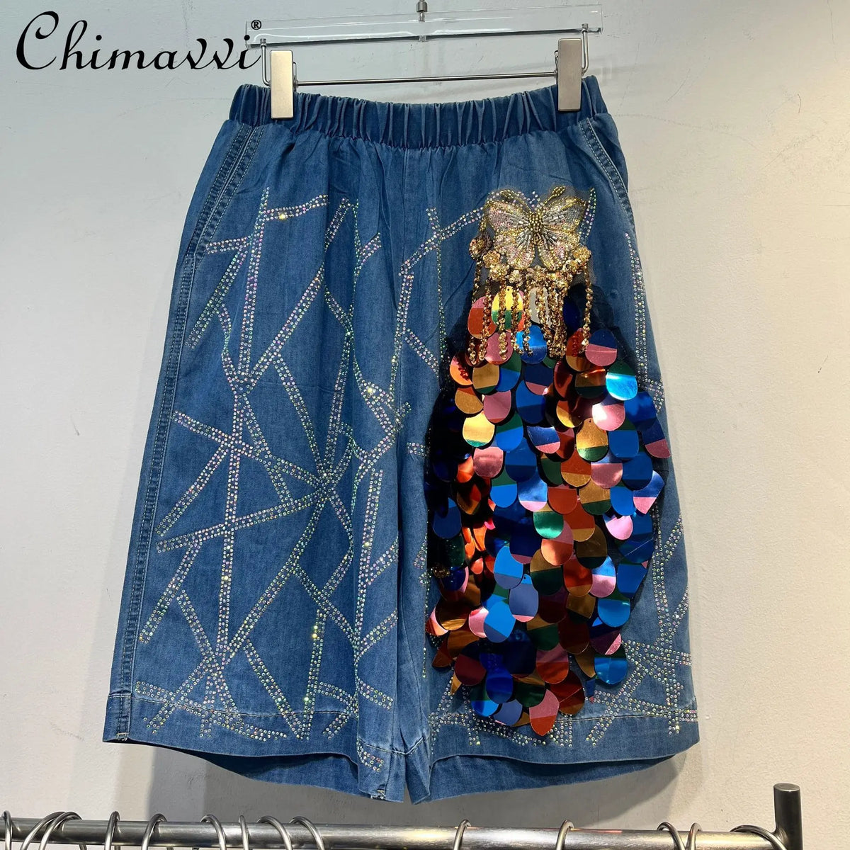 Maxy European Station High Fashion Denim Shirt Top Summer New Heavy Sequined Butterfly Tassel Pants 2-piece Women's Outfits