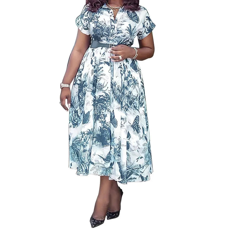Amay Women Elegant Printed Party Dress Turn Down Collar Short Sleeve Pleated A-Line With Belt African Office Work Wear Plus Size 5XL