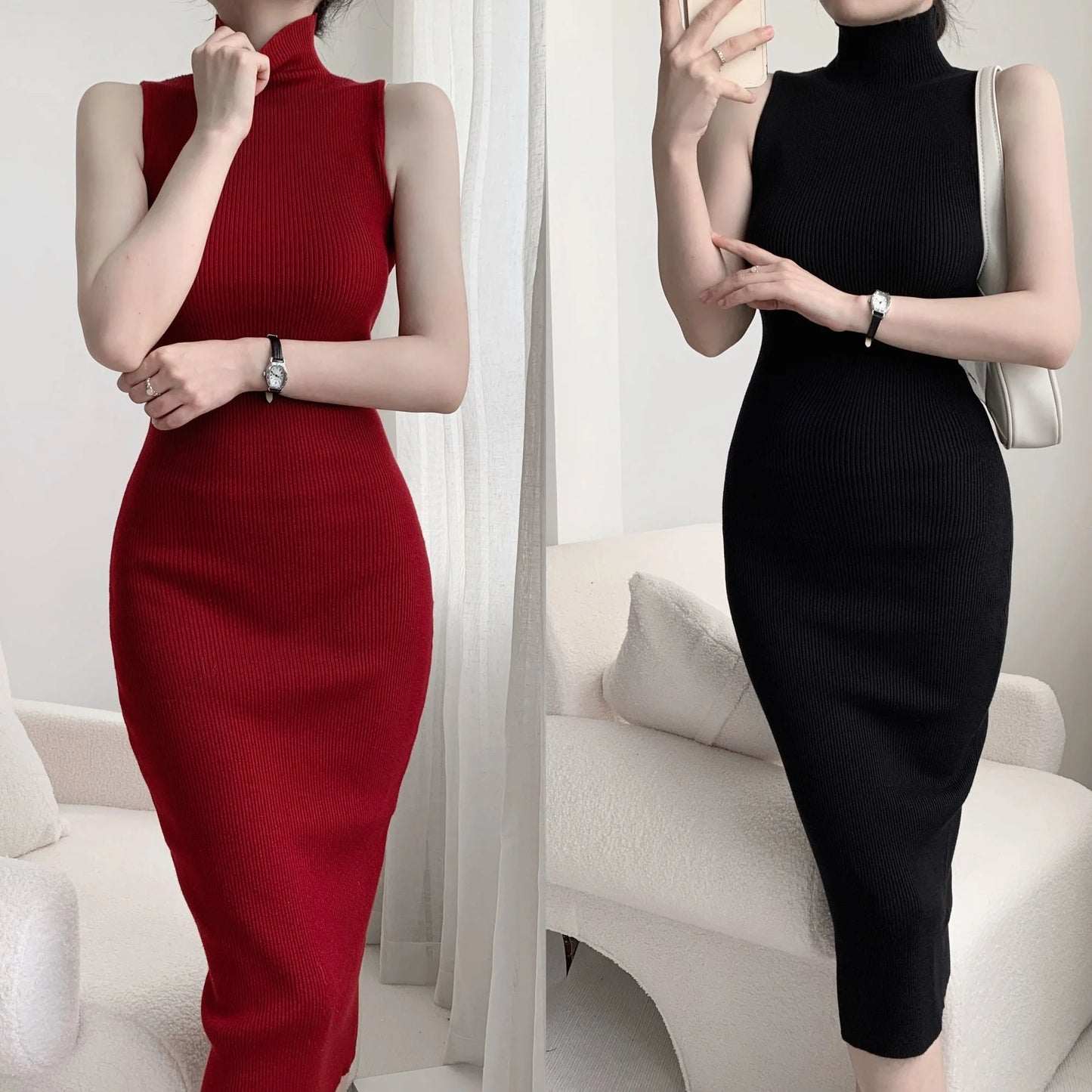 Maxy WOMEN GAGA French Turtleneck Sleeveless Knitted Dress Women Autumn Slim High Waist Mid Length Slim Hip Wrap Dresses Tops DH8G