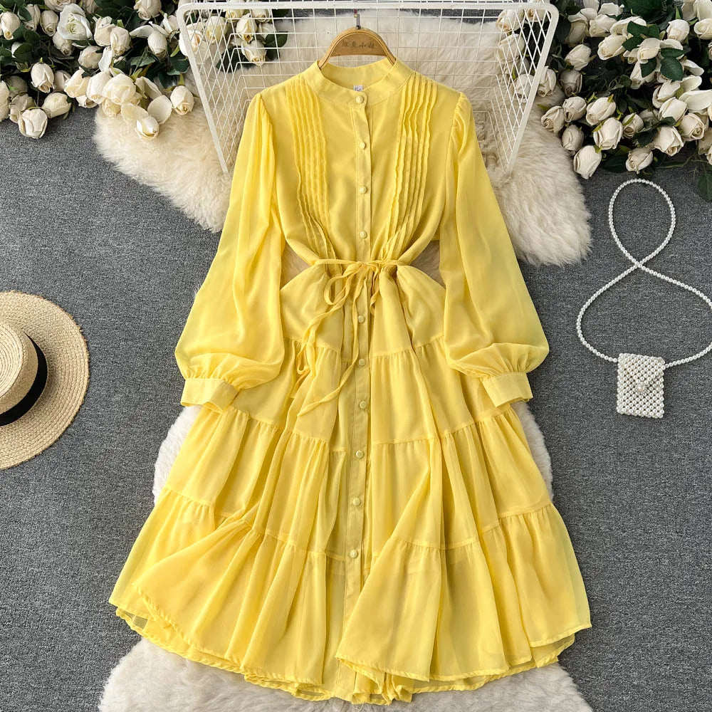 Maxy Spring Autumn Women Purple/Yellow/Blue Draped Chiffon Midi Dress Elegant Stand Collar Single Breasted Lantern Sleeve dress