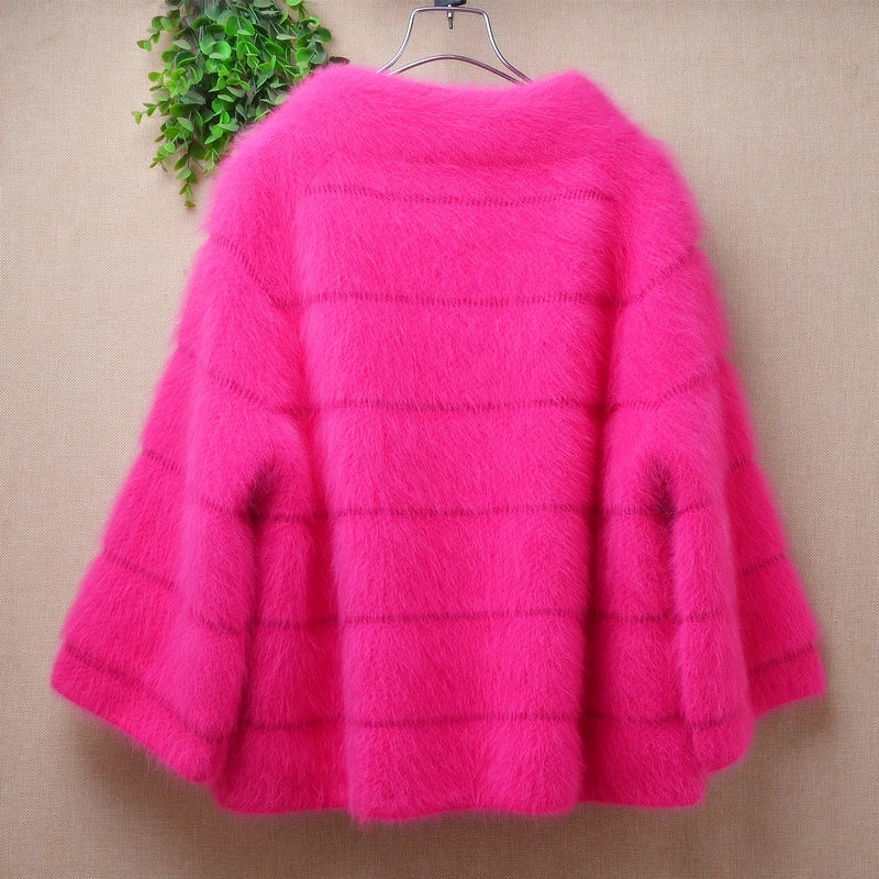 Babs Female Women Autumn Winter Clothing Pull Rose Hairy Mink Cashmere Knitted Three Quarter Sleeves Loose Cardigans Sweater Jacket