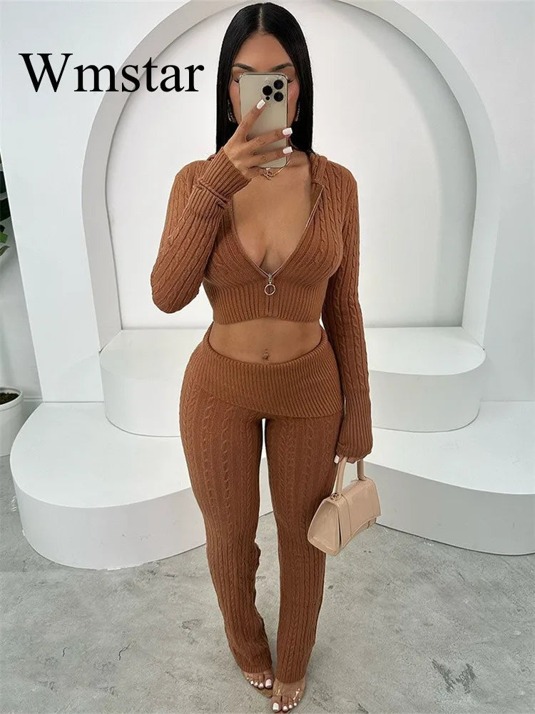 Maxy New 2 Piece Sets Women Clothing Pants Sets Casual Solid Color Knitted Long Sleeved Two-piece Set