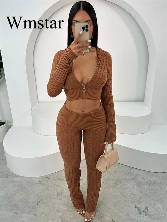 Maxy New 2 Piece Sets Women Clothing Pants Sets Casual Solid Color Knitted Long Sleeved Two-piece Set