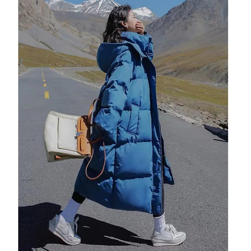 Maxy Thicken Long Coat Women Winter Turtleneck Long Sleeve Loose Midi Female Jacket Fashion Street Zipper Solid Lady Parka Coats