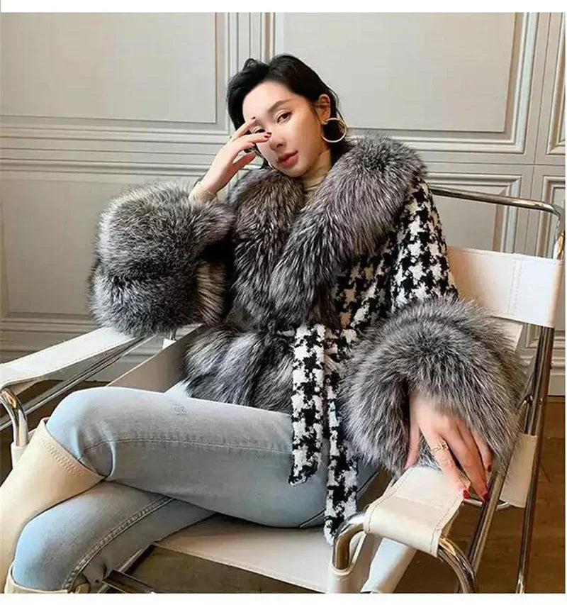 Babs Fox Fur Grass Coat Women Short Thousand Bird Grid Double Faced Fleece Collar 2024 Small Fragrant Style Imitation Fur Coat Female