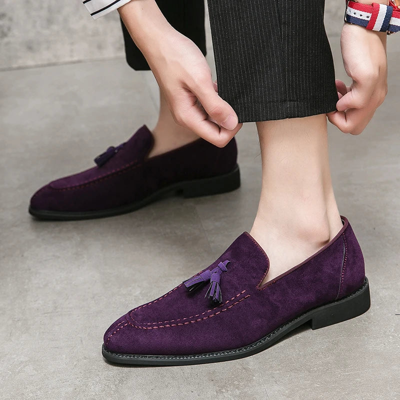 Visco Men's Loafers Brand Suede Leather Shoes Vintage Slip-on Classic Casual Men Driving Shoes Wedding Male Dress Shoes Tassel pointed