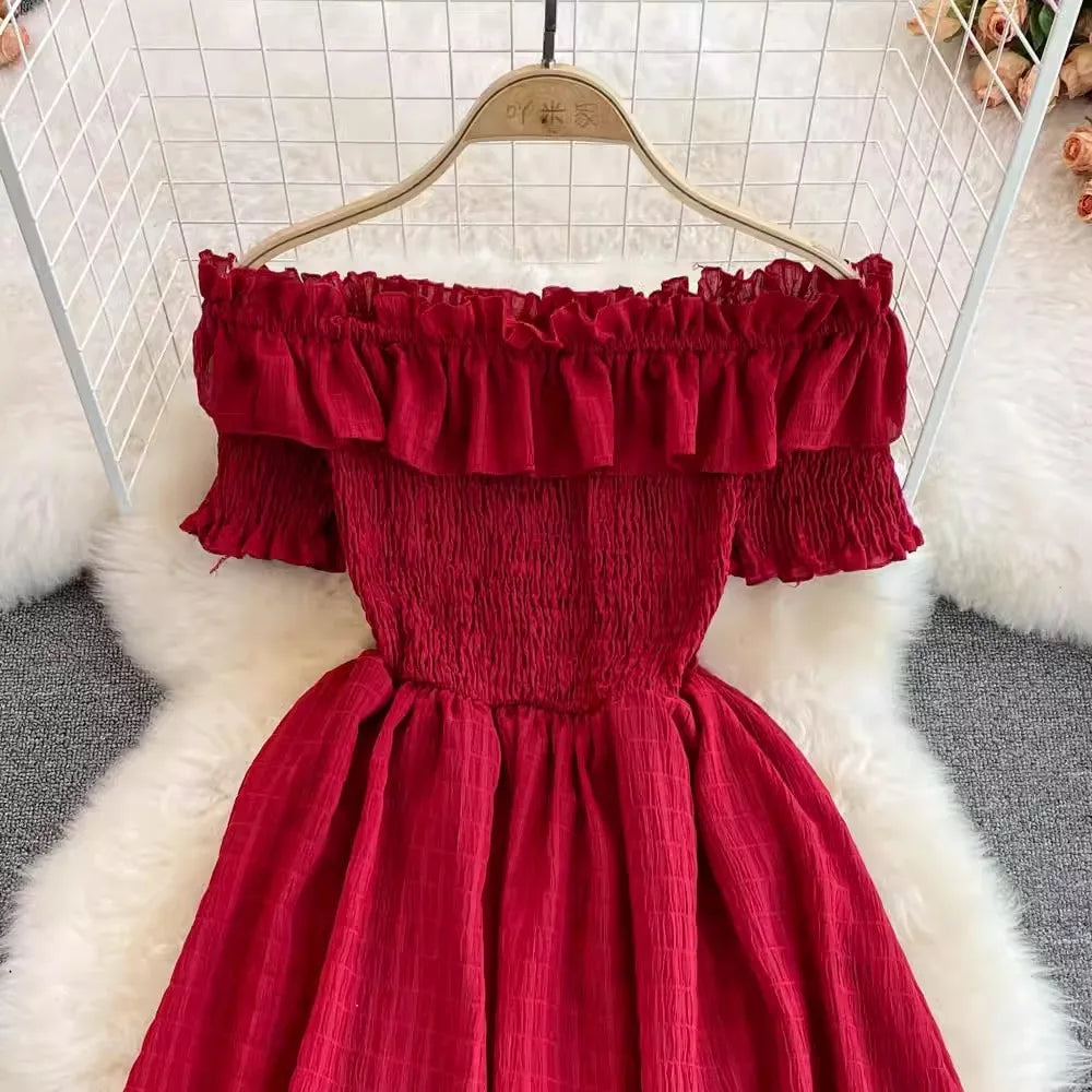 Maxy Fashion Ruffled Off Shoulders Party Dress Women Summer Short Sleeve Vacation Chiffon Dress Beach Vestidos