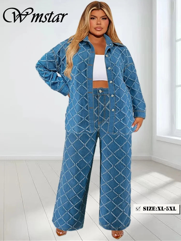 Maxy Plus Size Denim Two Piece Sets Women Fall Clothing Print Long Sleeve Tops Pants New Matching Suits