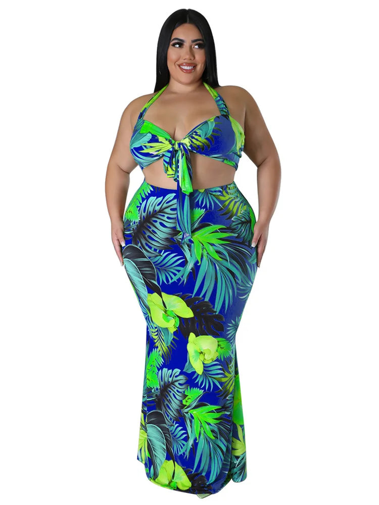 Maxy Plus Size Dress Sets Women Clothing Two Piece Set Bra and Skirts Crop Top Summer Beach Outfits