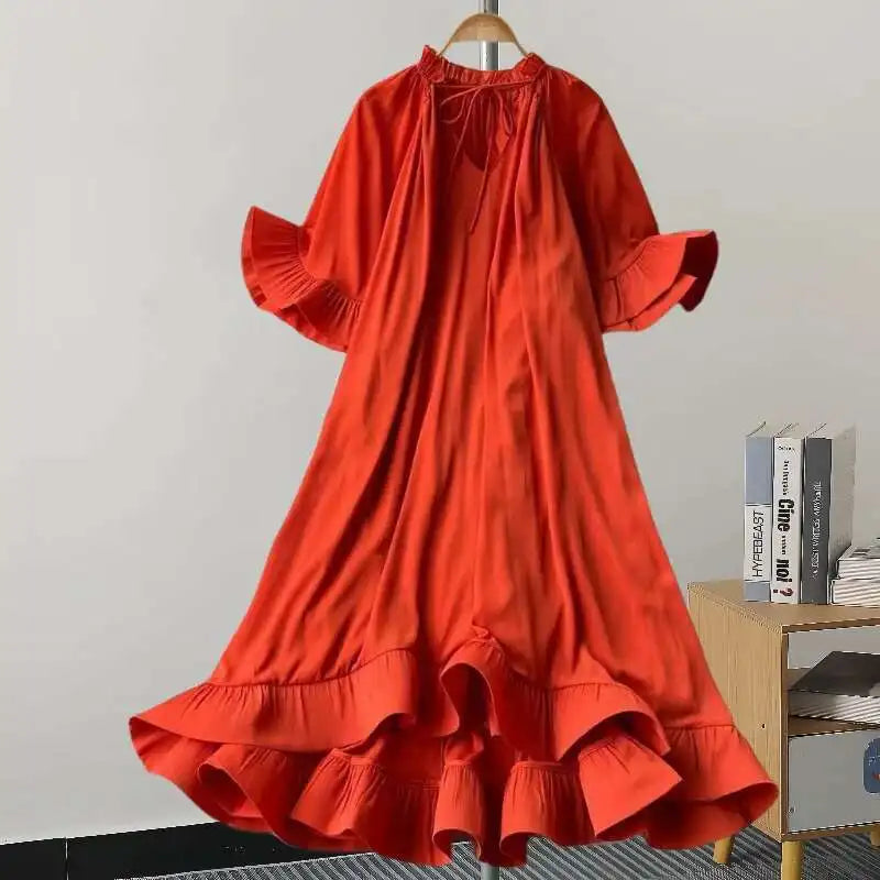 Maxy GVUW A Line Dress Women V Neck Flare Sleeve Loose Solid Color Lace-up A Line Fashion New 2025 Medium Long Dresses 17G7813