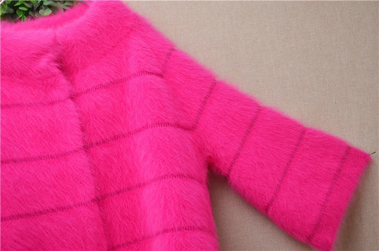 Babs Female Women Autumn Winter Clothing Pull Rose Hairy Mink Cashmere Knitted Three Quarter Sleeves Loose Cardigans Sweater Jacket