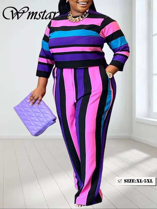 Maxy Plus Size Two Piece Women Clothing Long Sleeve Crop Top and Pants Sets Striped Matching Sets