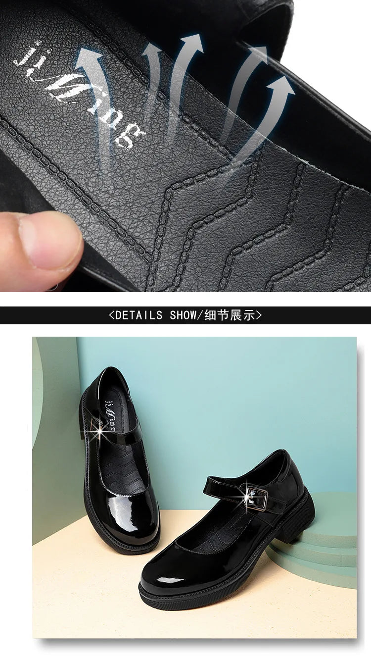 Maxy 3.5cm Breathable Shallow Mouth Bright Leather Shoes Women Mary Janes 2025 Fall Med Square Heels Sheos Black for Office Mom