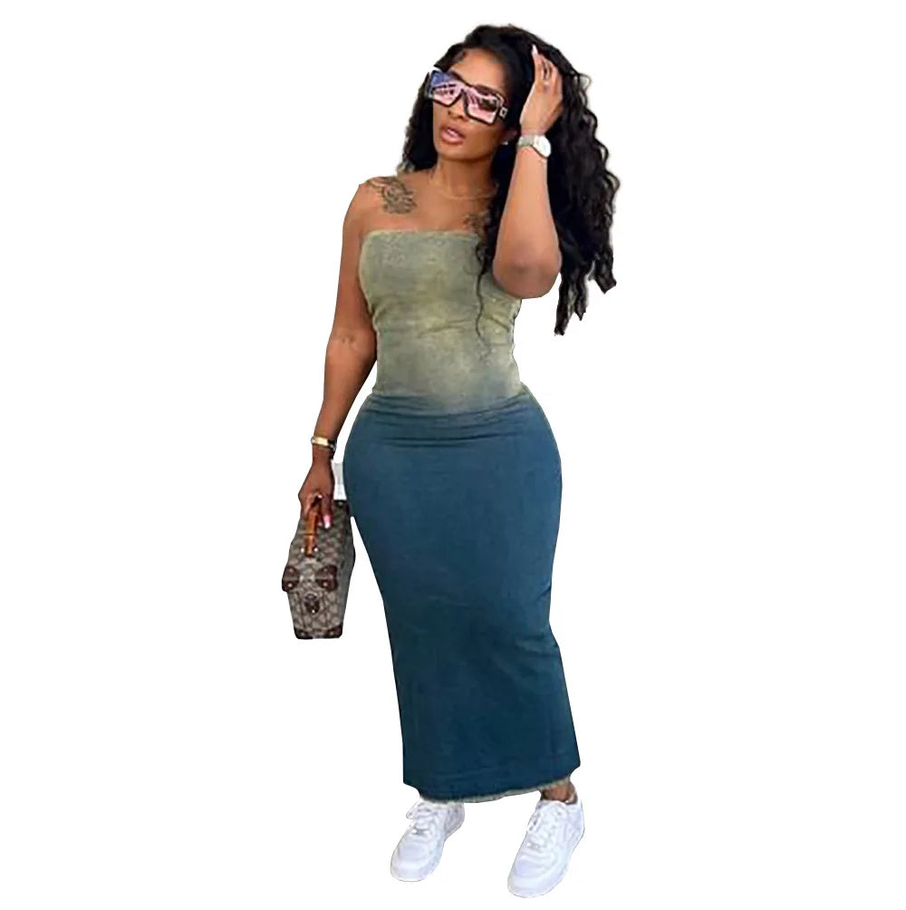 Maxy Summer Gradient Women's Denim Dress Fashion Corset Sleeveless Sexy Backless Slim Women's Slit Long Dresses Stretch Jeans