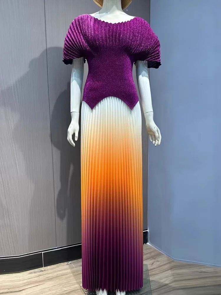 Maxy Pleated 2 Pieces Set Women Fashion V Neck Short Batwing Sleeves Irregular Hem T-shirt&New Gradient A-line Folds Long Skirt
