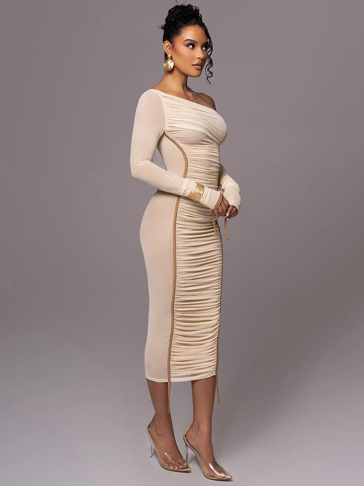 Maxy Diagonal Collar Long Sleeve Midi Dress for Women Two Layer Mesh Backless Bodycon Club Party Sexy Long Dress