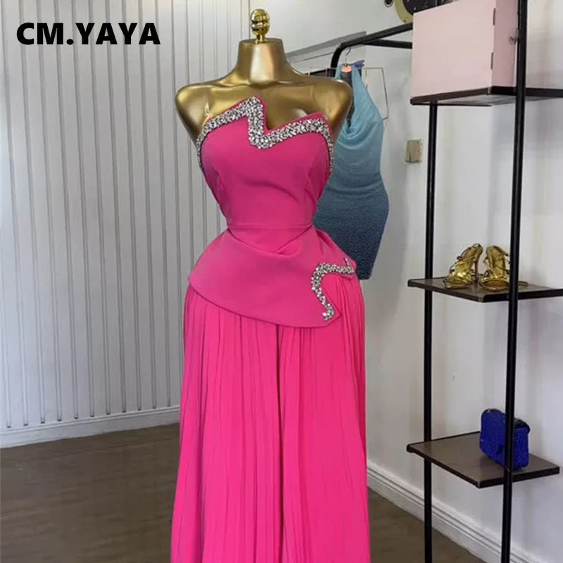 Maxy CM. YAYA Women's Set Diamonds Hot Rhinestones Crop Top and Pleated Wide Leg Pants Suit 2025 Two 2 Piece Sets Outfits Tracksuit
