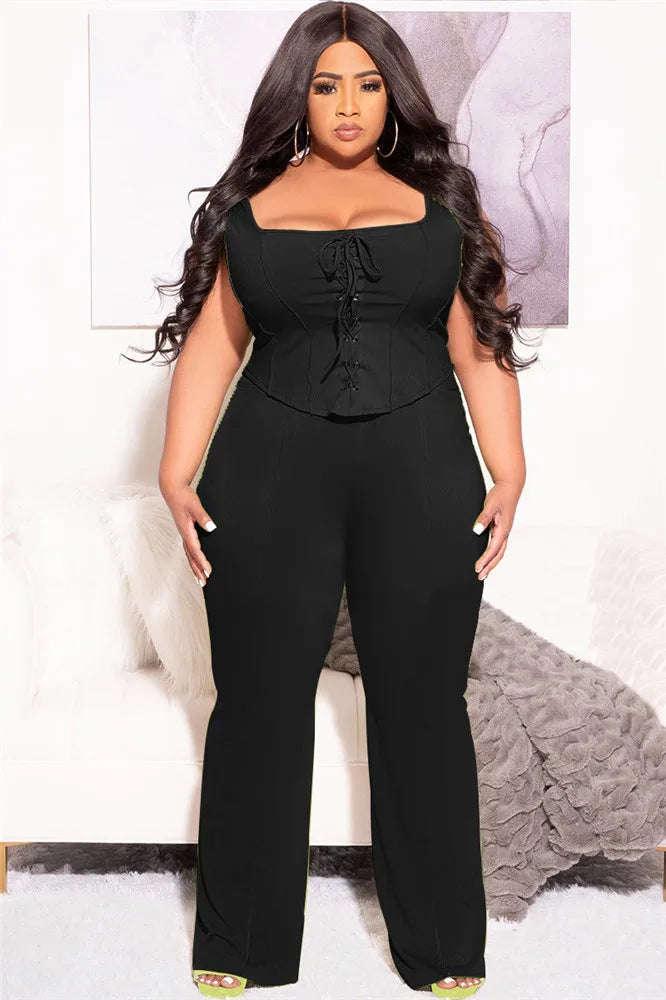 Maxy Plus Size Women Clothing 2 Piece Outfits Summer Bandage Top Flared Pants Fashion Matching Sets