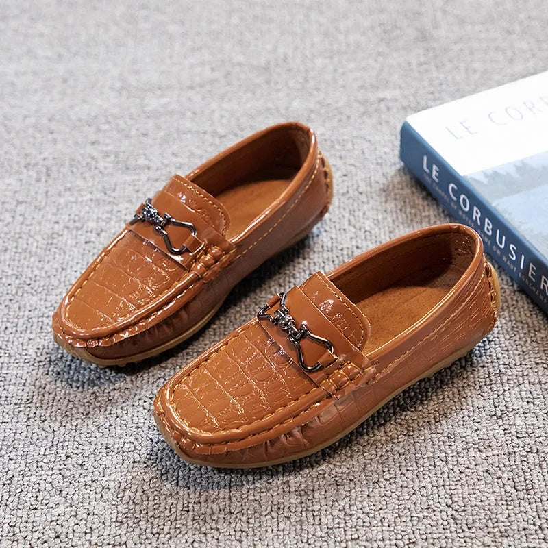 Visco Boys Leather Shoes Round-toe Flat Soft Kids Fashion Casual Loafers Glossy Metal Buckle Children Moccasins Non-slip Britain Style