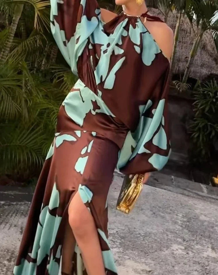 Maxy Evening Dresses Vacation Style Elegant Socialite Printed Off Shoulder Slit Dress