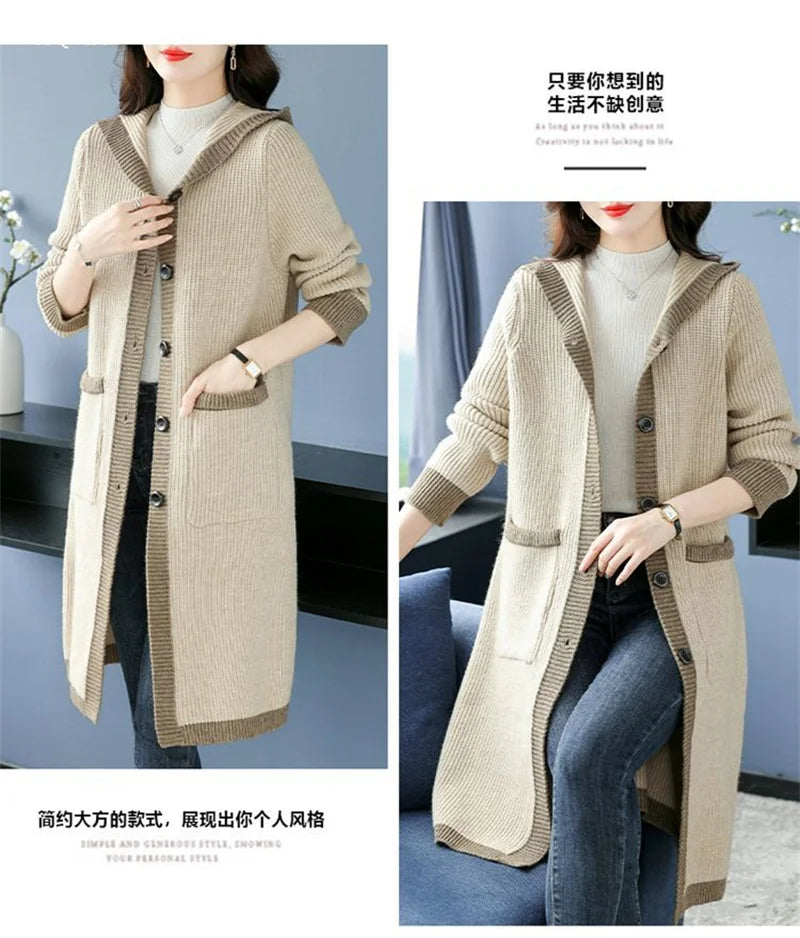 Maxy new Hooded Knitted Momsey Sweater Coat Women Autumn Winter Long Wool  AmericanFemale Casual Loose Knitting Jacket Large Size 5XL