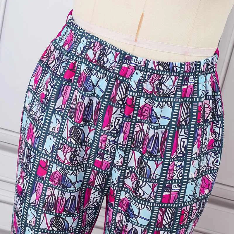 Maxy Women Office Pant Sets Summer Printed Suits Vintage Stand Collar Short Sleeve Tops and Long Pants Casual Loose Sets