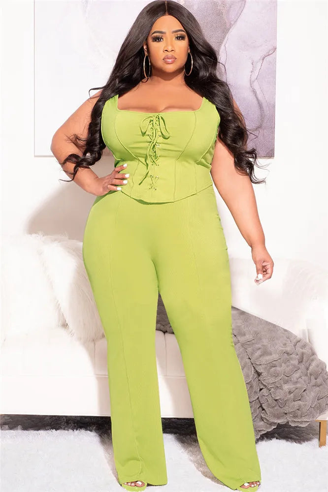 Maxy Plus Size Women Clothing 2 Piece Outfits Summer Bandage Top Flared Pants Fashion Matching Sets