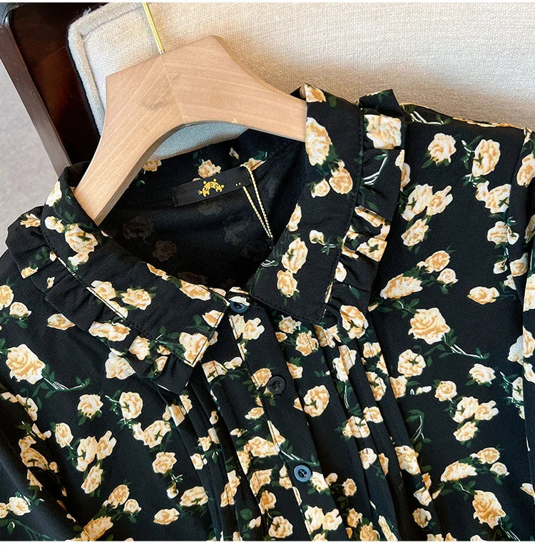 Momsey150Kg Plus size Women's Bust 150 Spring Autumn New Loose Long-Sleeved Lapel Floral Shirt-Dress Black 5XL 6XL 7XL 8XL 9XL