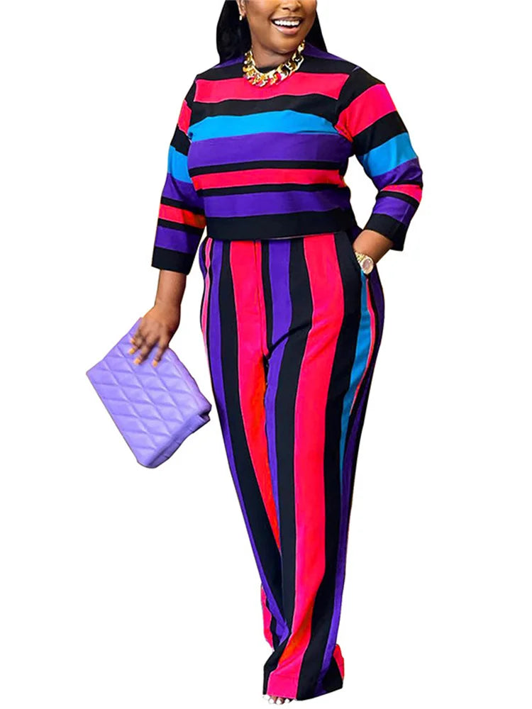 Maxy Plus Size Two Piece Women Clothing Long Sleeve Crop Top and Pants Sets Striped Matching Sets