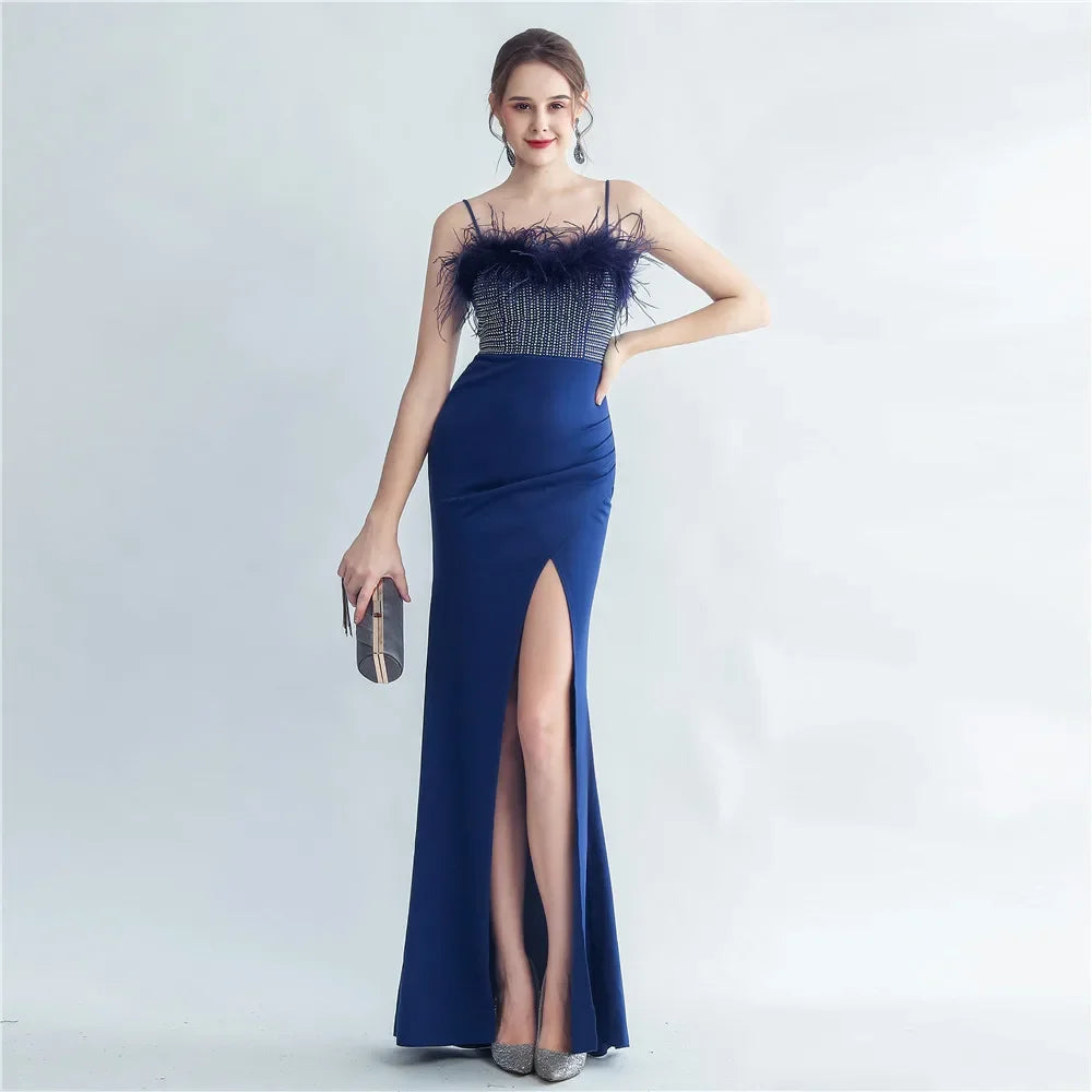 Babs Sequin Sexy Bust Beading With Feather Spaghetti Strap Slit Long Mermaid Party Night Dresses