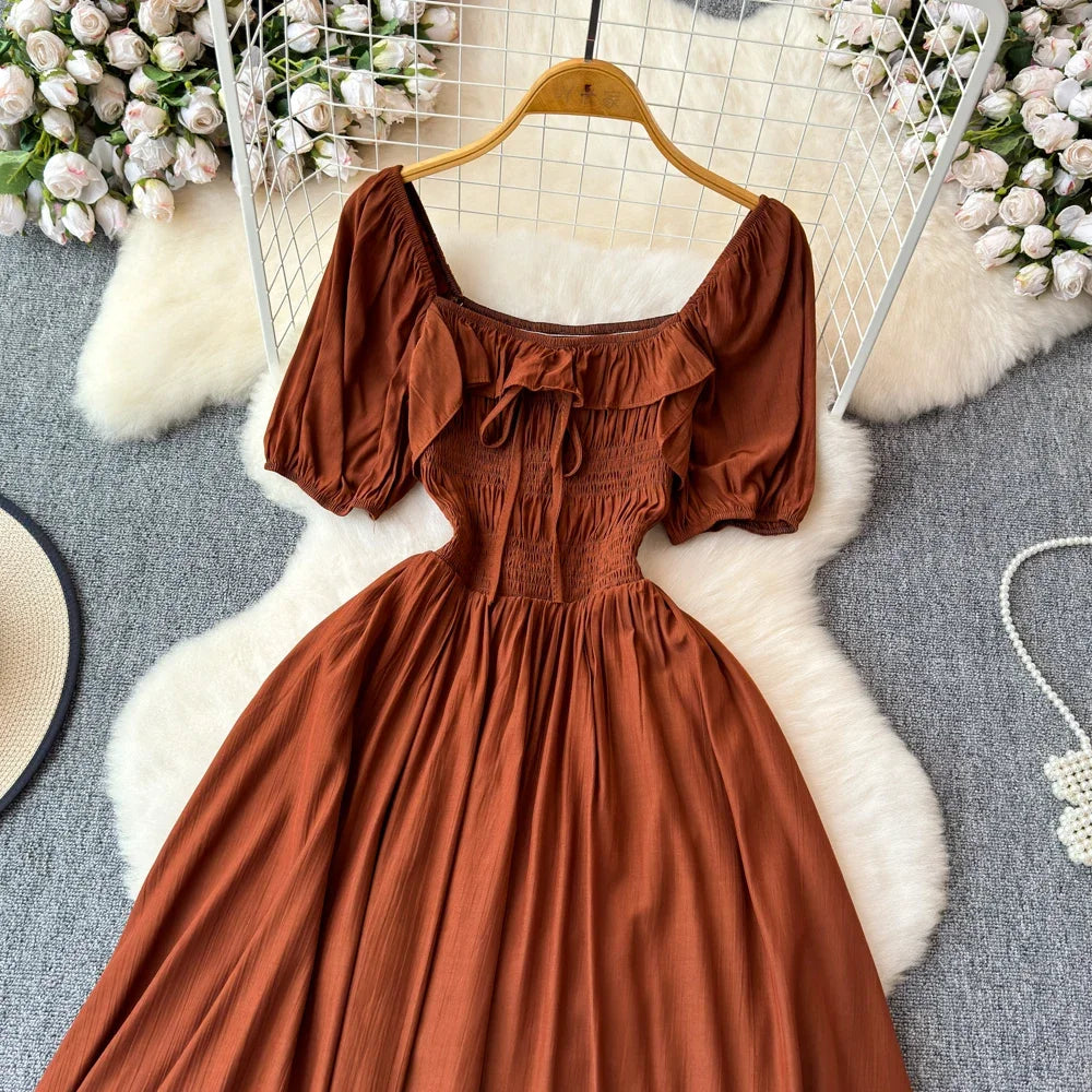 Babs Chic Elegant Square Collar Macy Dress Women Solid Short Puff Sleeve Dresses 2024 Korean Fashion Vintage Ruffle Vestidos
