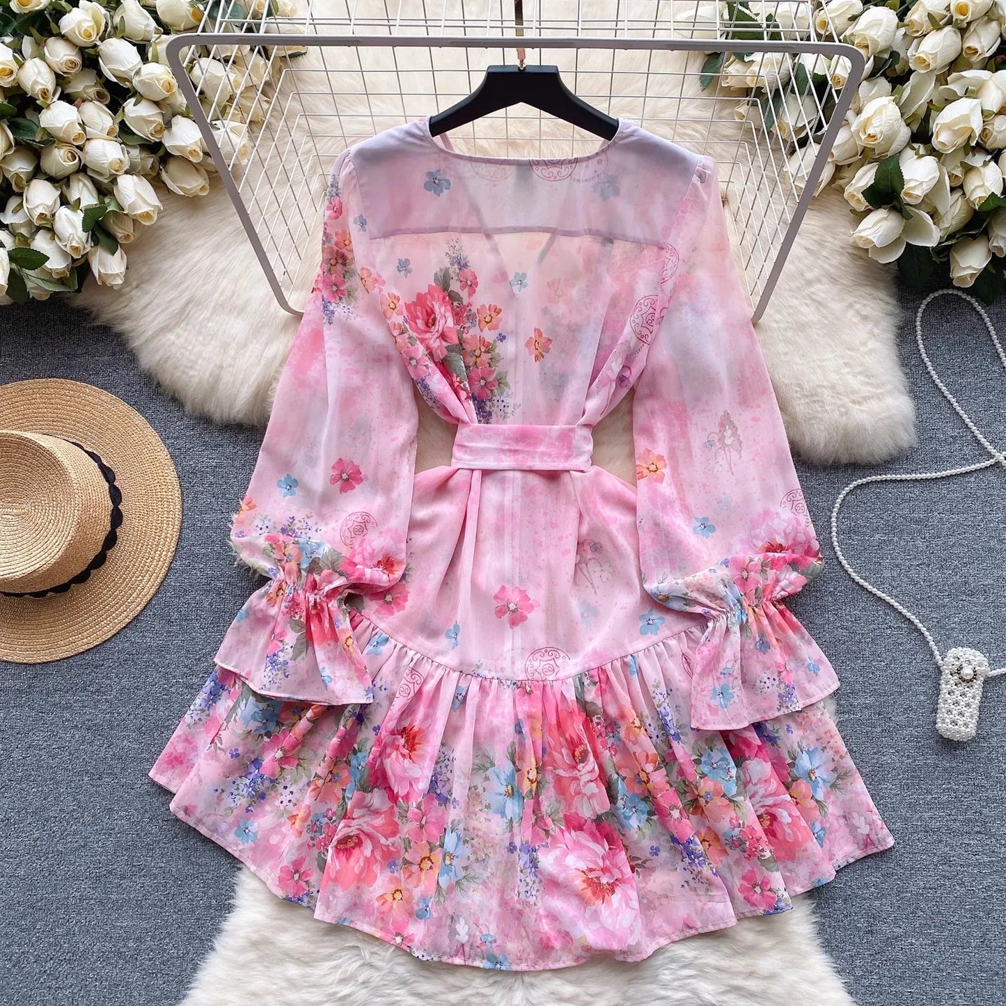 Maxy Spring Summer Gorgeous Flower Gracy Dress Women's V Neck Long Petal Sleeve Buttons Floral Print Lace Up Belt Mini dress