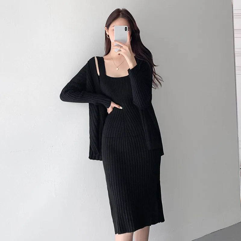 Babs Hot sweet Women 2pcs Suits Full Sleeves Cardigan Halter Spaghetti Strap Sheath Long Dress Knitted Solid Sets