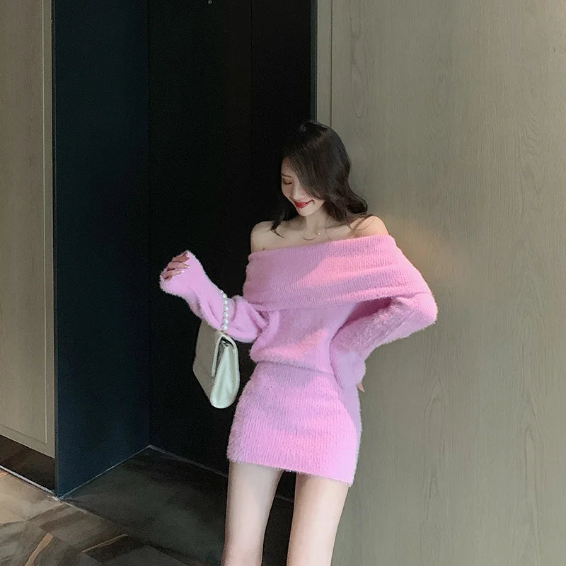 Babs New Sweater Dress Women Pullover Solid Color Korean Fashion Sexy Off Shoulder Bodycon Mini Robe Femme