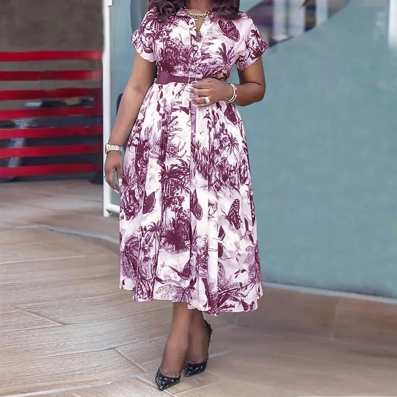 Amay Women Elegant Printed Party Dress Turn Down Collar Short Sleeve Pleated A-Line With Belt African Office Work Wear Plus Size 5XL